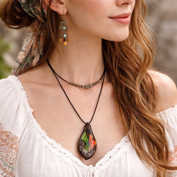 Jewelry - Murano Style Glass Pendant Necklace Teardrop Floral Black Gold Sparkle Boho 24